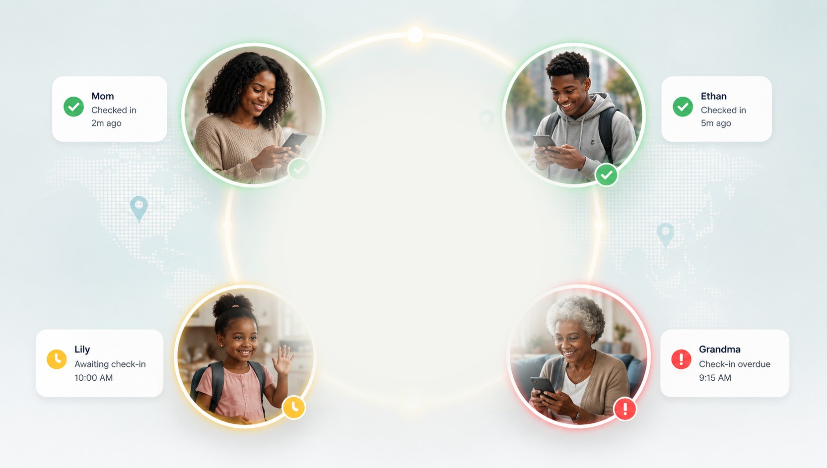 A family connected through Safe Circle — parents, children, and grandparents linked in a circle of trust